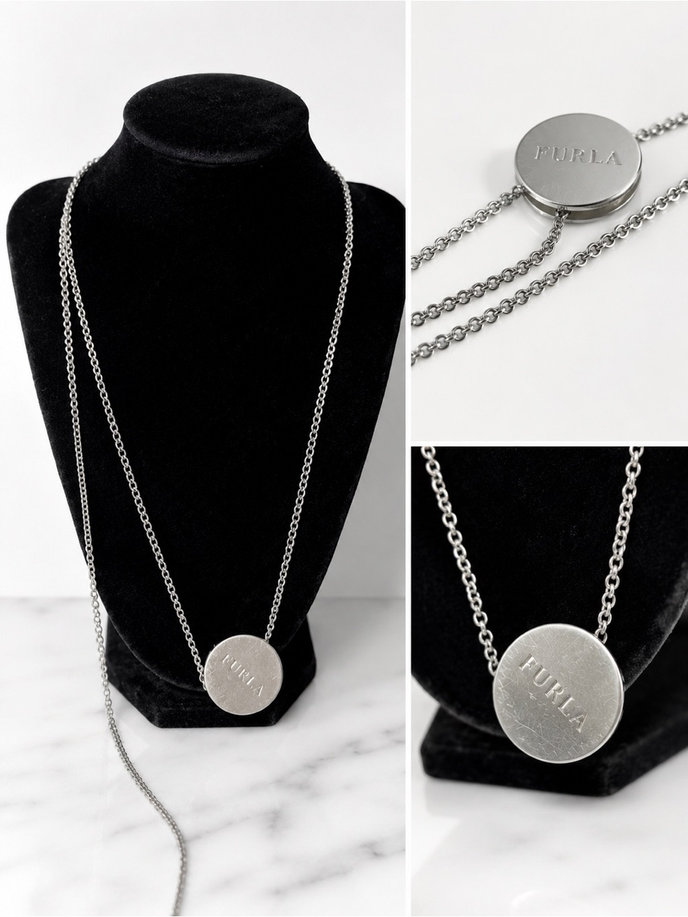 Furla Silver Tone Logo Disc Necklace | Minimalist Pendant Chain